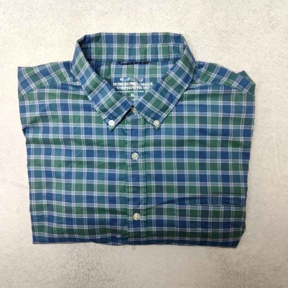 Vineyard Vines Shirt Mens XL Blue Plaid Button-Up On the Go Performance Stretch
